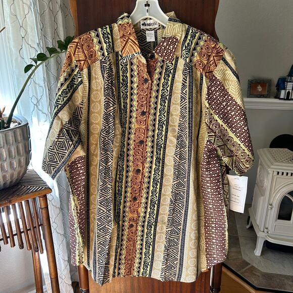 New! We Be Bop Tunic Top 2X Botswana Plus Boho Linen Button Up Tribal Safari - Picture 2 of 12